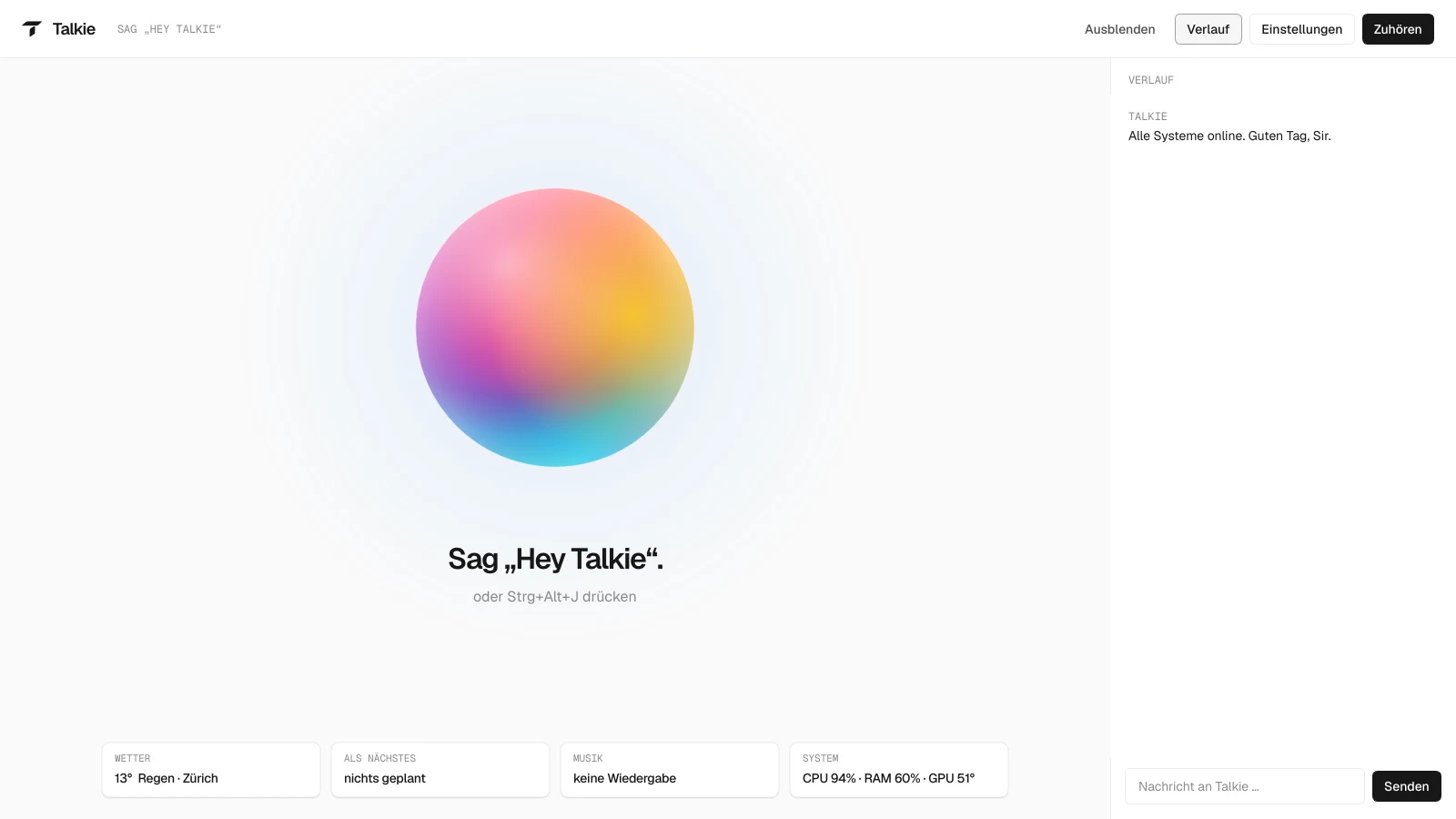 So sieht Talkie auf deinem Bildschirm aus. – Bereit: SAG „HEY TALKIE“